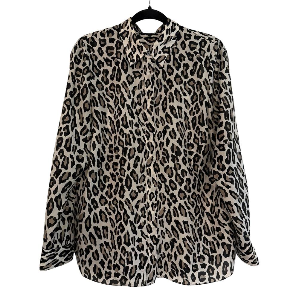 Theory Medium Silk Leopard Print Button Front Blouse Animal Print Shirt